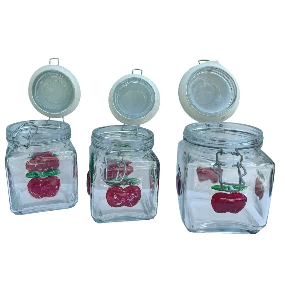 Red Apple Glass Canister Set of 3 Square Jars Vintage Locking Lids Farmhouse
